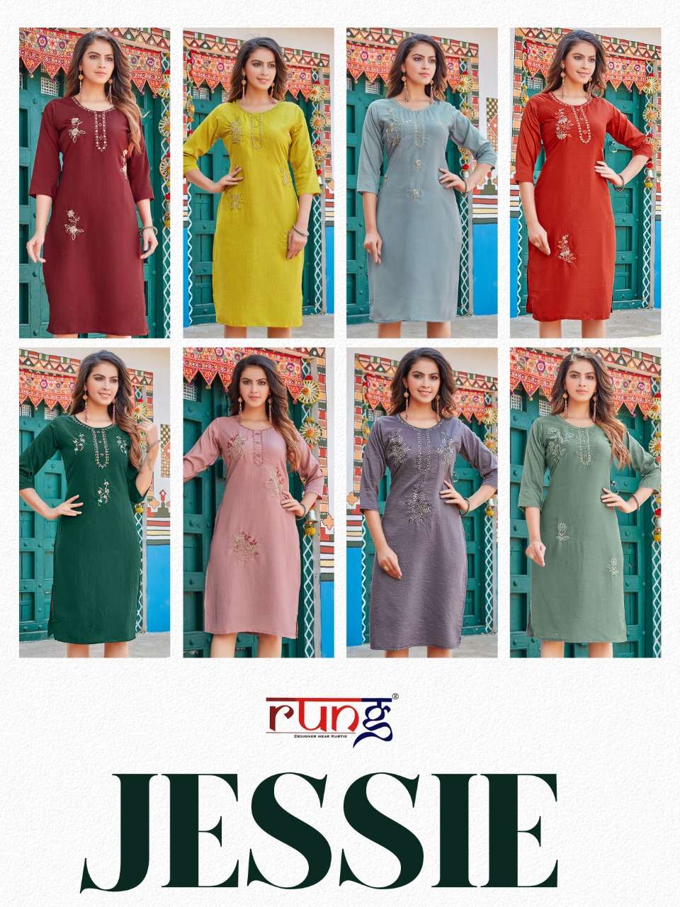 JESSIE BY RUNG 01 TO 08 SERIES DESIGNER STYLISH FANCY COLORFUL BEAUTIFUL PARTY WEAR & ETHNIC WEAR COLLECTION CHINNON SILK KURTIS AT WHOLESALE PRICE