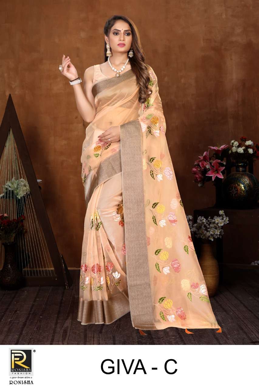 GIVA BY RONISHA FASHION A TO E SERIES INDIAN TRADITIONAL WEAR COLLECTION BEAUTIFUL STYLISH FANCY COLORFUL PARTY WEAR & OCCASIONAL WEAR ORGANZA SAREES AT WHOLESALE PRICE