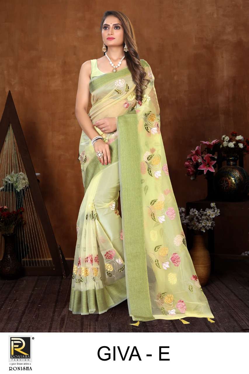 GIVA BY RONISHA FASHION A TO E SERIES INDIAN TRADITIONAL WEAR COLLECTION BEAUTIFUL STYLISH FANCY COLORFUL PARTY WEAR & OCCASIONAL WEAR ORGANZA SAREES AT WHOLESALE PRICE