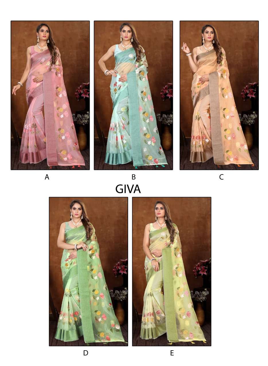 GIVA BY RONISHA FASHION A TO E SERIES INDIAN TRADITIONAL WEAR COLLECTION BEAUTIFUL STYLISH FANCY COLORFUL PARTY WEAR & OCCASIONAL WEAR ORGANZA SAREES AT WHOLESALE PRICE