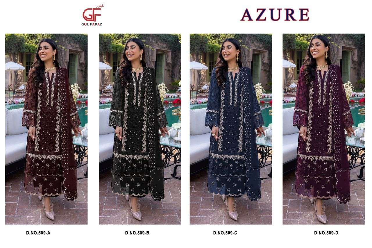 AZURE VOL-6 BY GUL FARAZ 509-A TO 509-D SERIES BEAUTIFUL PAKISTANI SUITS COLORFUL STYLISH FANCY CASUAL WEAR & ETHNIC WEAR FAUX GEORGETTE DRESSES AT WHOLESALE PRICE