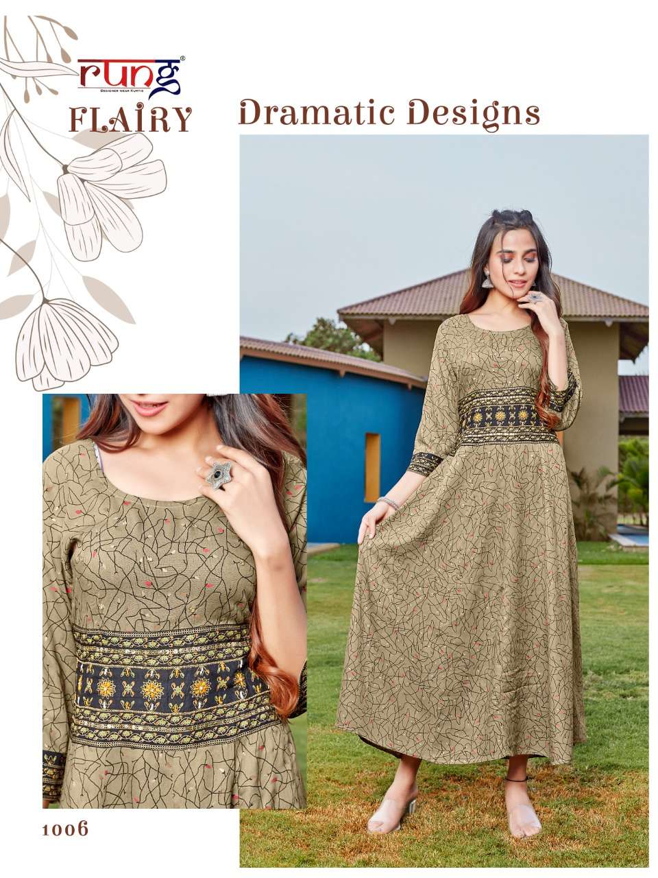 FLAIRY BY RUNG 1001 TO 1008 SERIES DESIGNER STYLISH FANCY COLORFUL BEAUTIFUL PARTY WEAR & ETHNIC WEAR COLLECTION RAYON KURTIS AT WHOLESALE PRICE