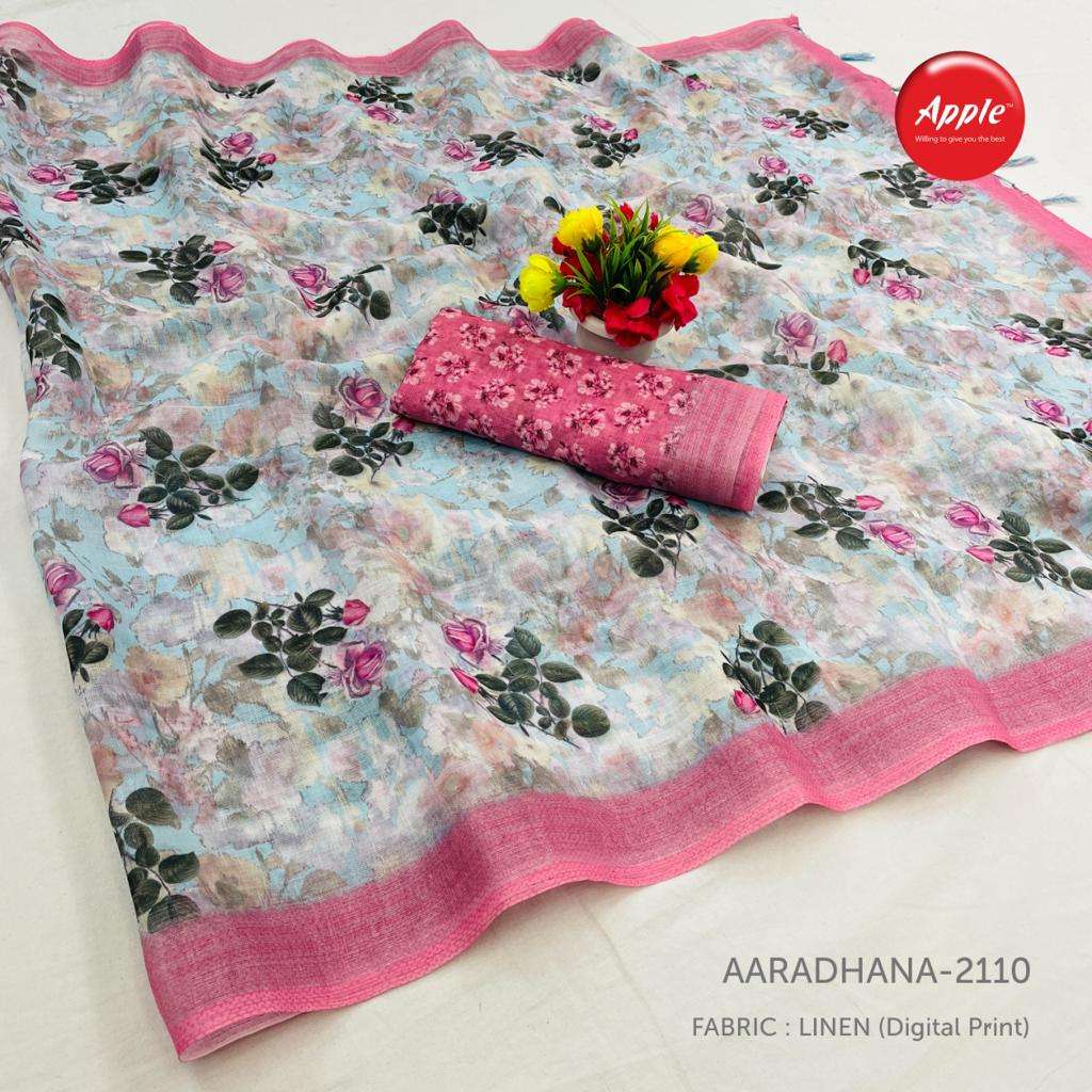 AARADHANA VOL-21 BY APPLE 2101 TO 2112 SERIES INDIAN TRADITIONAL WEAR COLLECTION BEAUTIFUL STYLISH FANCY COLORFUL PARTY WEAR & OCCASIONAL WEAR PURE LINEN SILK DIGITAL PRINT SAREES AT WHOLESALE PRICE