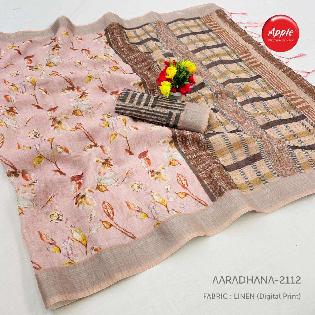 AARADHANA VOL-21 BY APPLE 2101 TO 2112 SERIES INDIAN TRADITIONAL WEAR COLLECTION BEAUTIFUL STYLISH FANCY COLORFUL PARTY WEAR & OCCASIONAL WEAR PURE LINEN SILK DIGITAL PRINT SAREES AT WHOLESALE PRICE