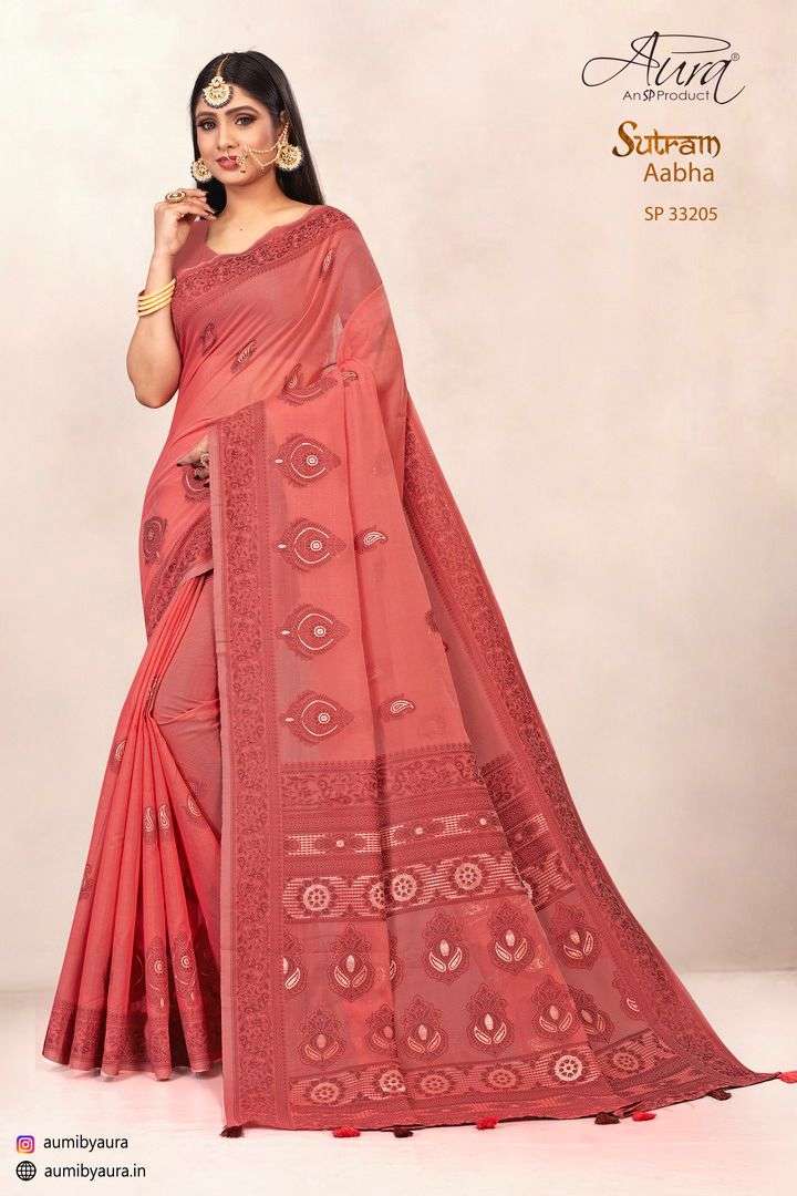 SUTRAM AABHA BY AURA 33201 TO 33206 SERIES INDIAN TRADITIONAL WEAR COLLECTION BEAUTIFUL STYLISH FANCY COLORFUL PARTY WEAR & OCCASIONAL WEAR SOFT COTTON SAREES AT WHOLESALE PRICE