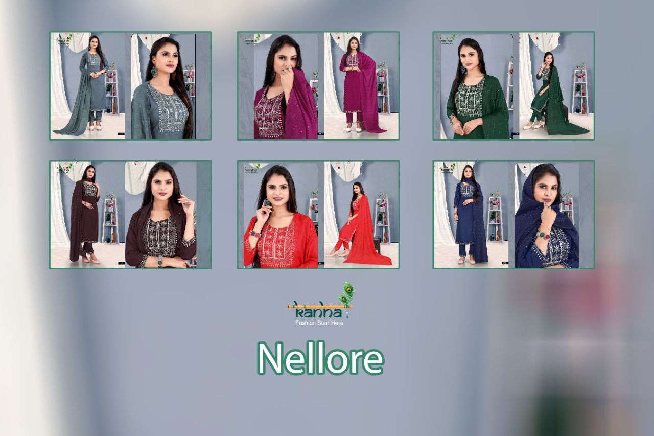 NELLORE BY KANHA 101 TO 106 SERIES BEAUTIFUL SUITS COLORFUL STYLISH FANCY CASUAL WEAR & ETHNIC WEAR RAYON WITH WORK DRESSES AT WHOLESALE PRICE