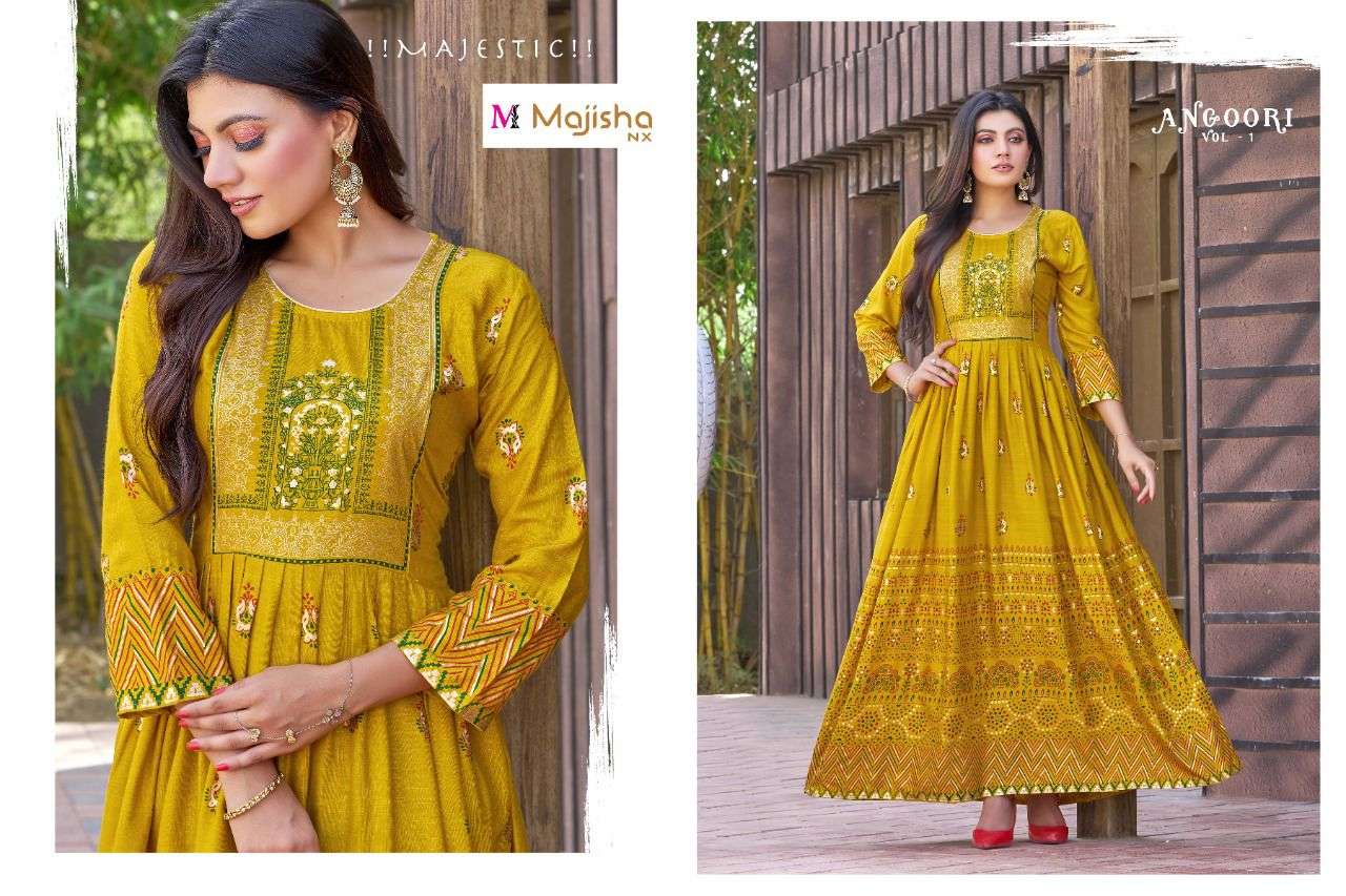 ANGOORI BY MAJISHA NX 1001 TO 1008 SERIES BEAUTIFUL STYLISH FANCY COLORFUL CASUAL WEAR & ETHNIC WEAR RAYON SLUB GOWNS AT WHOLESALE PRICE