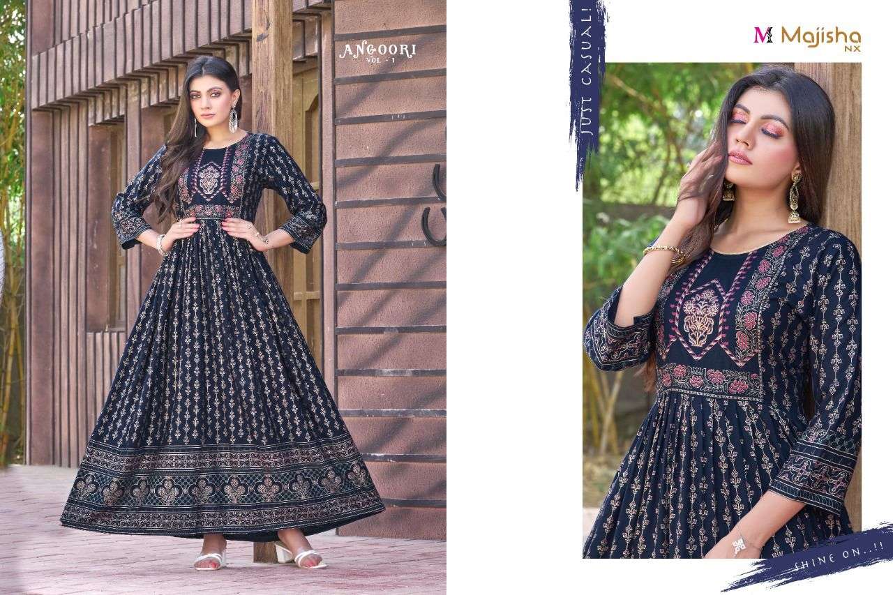 ANGOORI BY MAJISHA NX 1001 TO 1008 SERIES BEAUTIFUL STYLISH FANCY COLORFUL CASUAL WEAR & ETHNIC WEAR RAYON SLUB GOWNS AT WHOLESALE PRICE