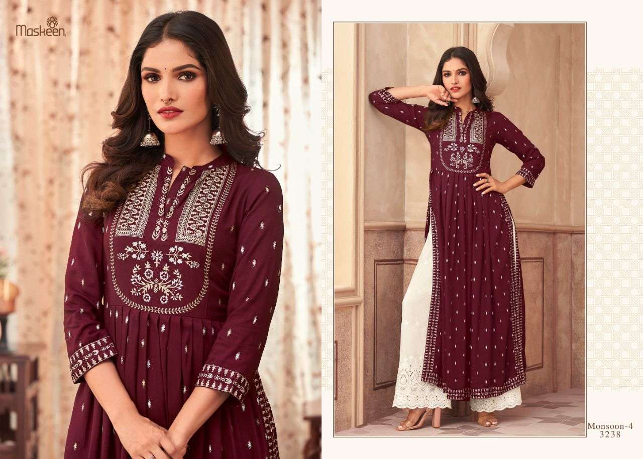 MONSOON VOL-4 BY MAISHA 3236 TO 3240 SERIES DESIGNER STYLISH FANCY COLORFUL BEAUTIFUL PARTY WEAR & ETHNIC WEAR COLLECTION PURE RAYON DIGITAL PRINT KURTIS WITH BOTTOM AT WHOLESALE PRICE