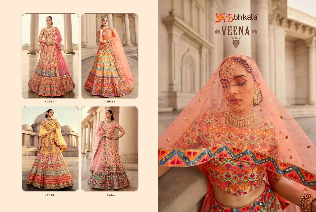 Veena Vol-2 By Shubhkala 2031 To 2034 Series Indian Traditional Beautiful Stylish Designer Banarasi Silk Jacquard Embroidered Party Wear Art Silk Lehengas At Wholesale Price