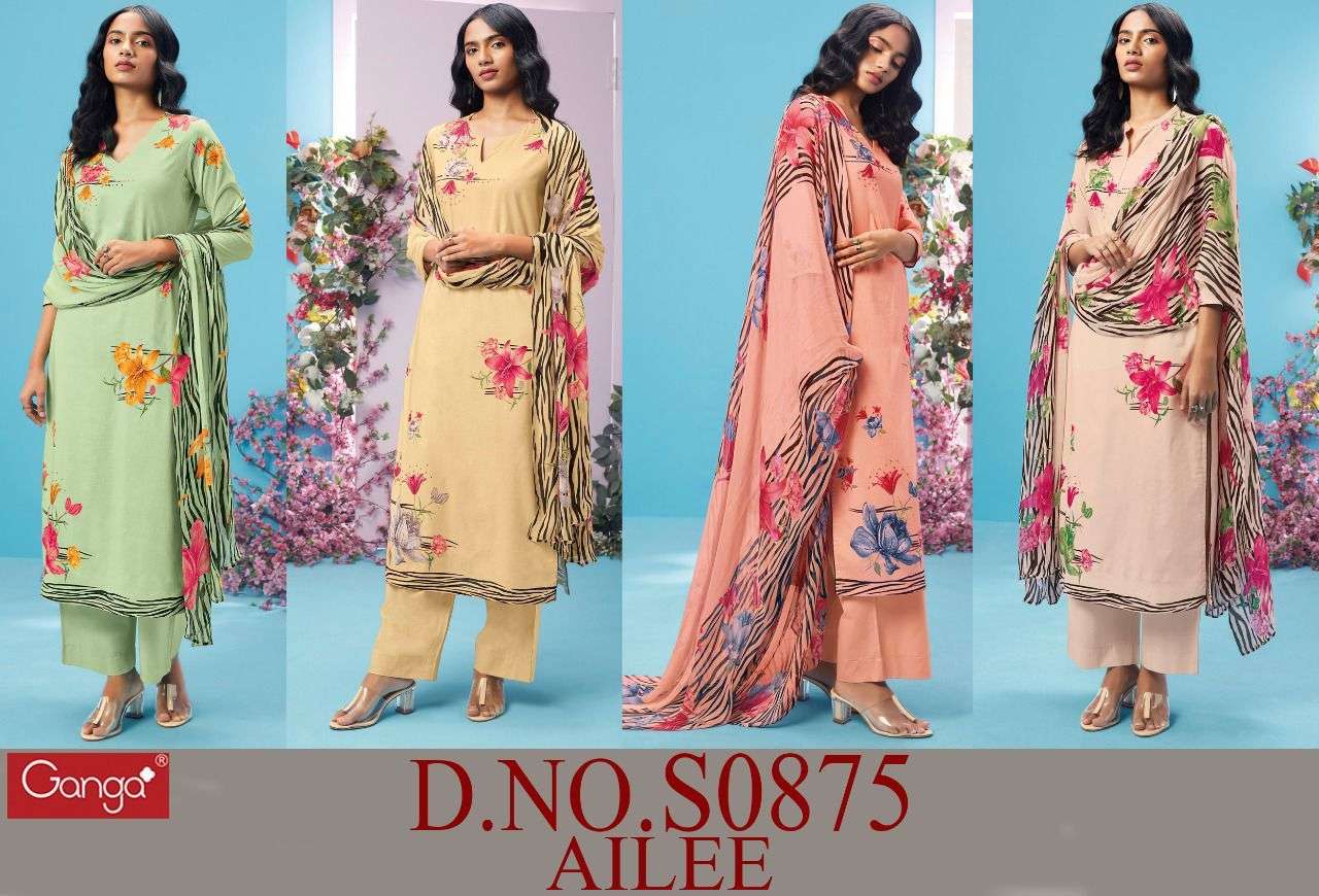 AILEE-875 BY GANGA FASHION 875-A TO 875-D SERIES BEAUTIFUL SUITS COLORFUL STYLISH FANCY CASUAL WEAR & ETHNIC WEAR COTTON PRINT DRESSES AT WHOLESALE PRICE