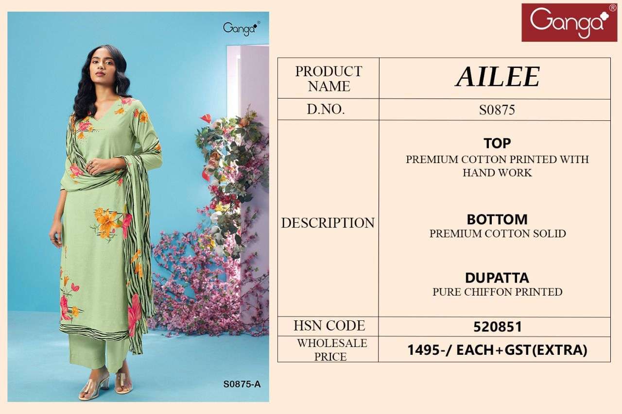 AILEE-875 BY GANGA FASHION 875-A TO 875-D SERIES BEAUTIFUL SUITS COLORFUL STYLISH FANCY CASUAL WEAR & ETHNIC WEAR COTTON PRINT DRESSES AT WHOLESALE PRICE