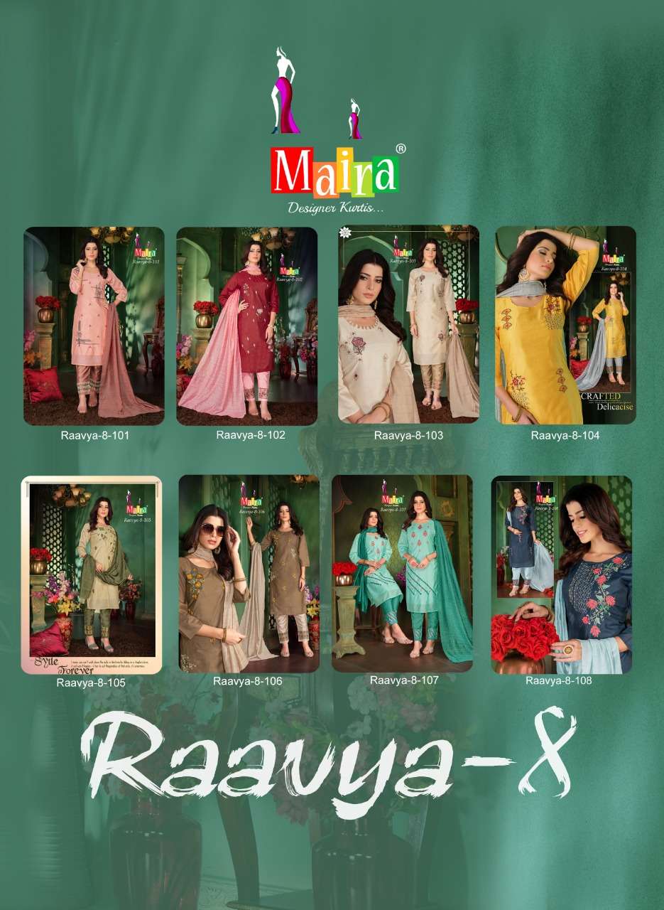RAAVYA VOL-8 BY MAIRA 101 TO 108 SERIES BEAUTIFUL SUITS COLORFUL STYLISH FANCY CASUAL WEAR & ETHNIC WEAR HEAVY SILK DRESSES AT WHOLESALE PRICE