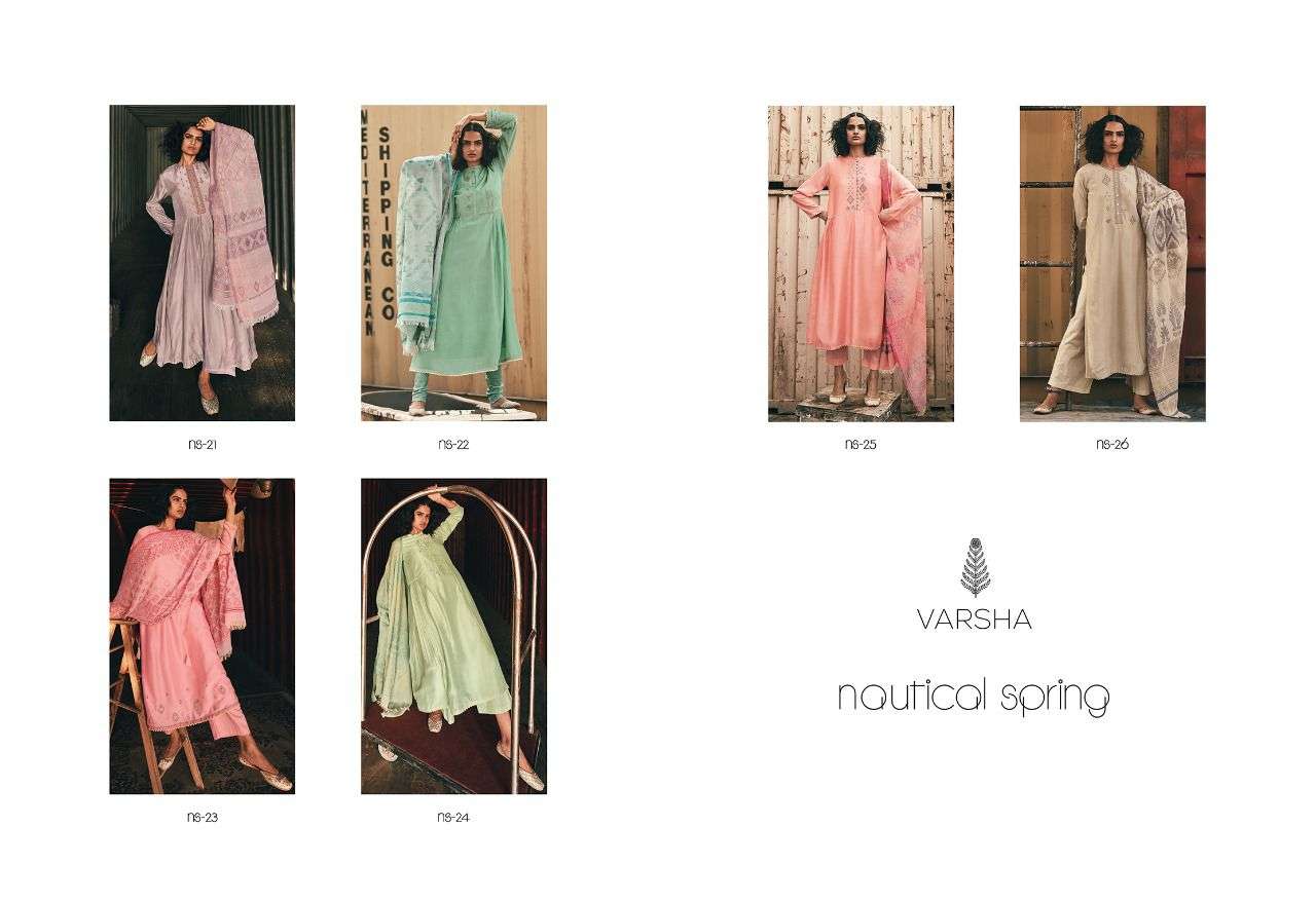 NAUTICAL SPRING BY VARSHA 21 TO 26 SERIES BEAUTIFUL SUITS COLORFUL STYLISH FANCY CASUAL WEAR & ETHNIC WEAR MULBERRY EMBROIDERED DRESSES AT WHOLESALE PRICE
