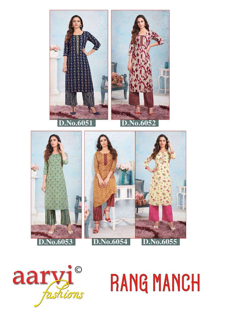 RANG MANCH BY AARVI FASHION 6051 TO 6055 SERIES DESIGNER STYLISH FANCY COLORFUL BEAUTIFUL PARTY WEAR & ETHNIC WEAR COLLECTION RAYON WITH WORK KURTIS WITH BOTTOM AT WHOLESALE PRICE
