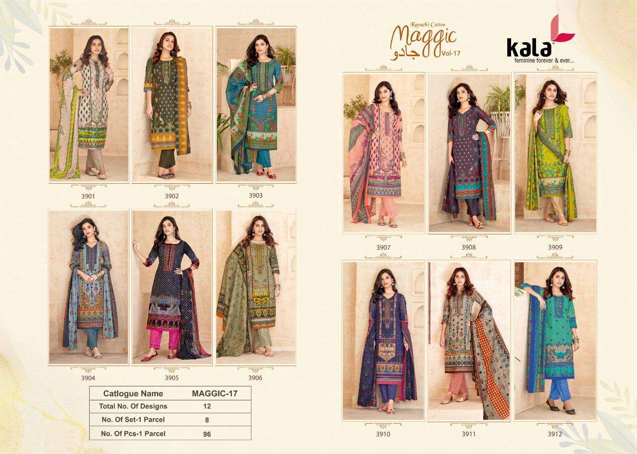 MAGGIC VOL-17 BY KALA 3901 TO 3912 SERIES BEAUTIFUL SUITS COLORFUL STYLISH FANCY CASUAL WEAR & ETHNIC WEAR PURE COTTON DRESSES AT WHOLESALE PRICE