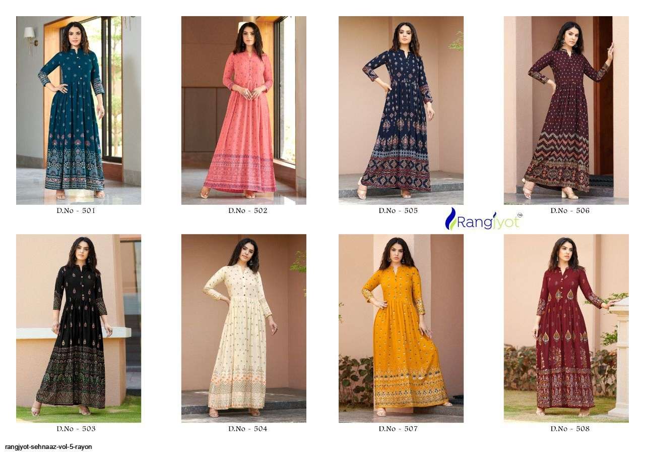 SEHNAAZ VOL-5 BY RANGJYOT FASHION 501 TO 508 SERIES BEAUTIFUL STYLISH FANCY COLORFUL CASUAL WEAR & ETHNIC WEAR RAYON GOWNS AT WHOLESALE PRICE
