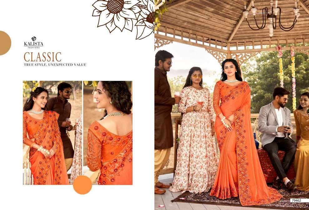 HARLEEN GOLD VOL-2 BY KALISTA FASHION 79460 TO 79467 SERIES INDIAN TRADITIONAL WEAR COLLECTION BEAUTIFUL STYLISH FANCY COLORFUL PARTY WEAR & OCCASIONAL WEAR CHIFFON SAREES AT WHOLESALE PRICE