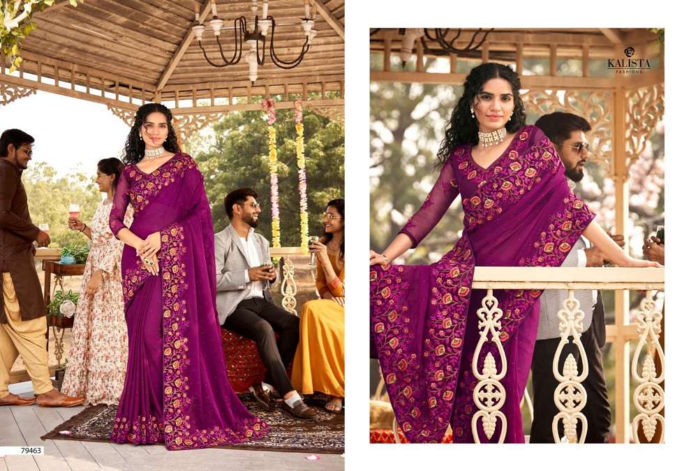 HARLEEN GOLD VOL-2 BY KALISTA FASHION 79460 TO 79467 SERIES INDIAN TRADITIONAL WEAR COLLECTION BEAUTIFUL STYLISH FANCY COLORFUL PARTY WEAR & OCCASIONAL WEAR CHIFFON SAREES AT WHOLESALE PRICE