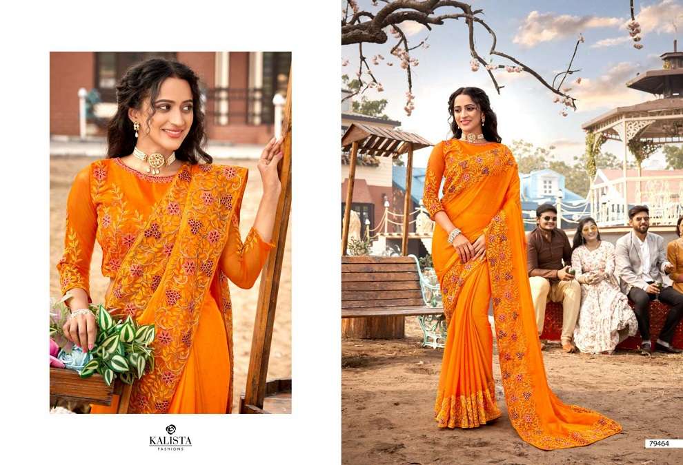 HARLEEN GOLD VOL-2 BY KALISTA FASHION 79460 TO 79467 SERIES INDIAN TRADITIONAL WEAR COLLECTION BEAUTIFUL STYLISH FANCY COLORFUL PARTY WEAR & OCCASIONAL WEAR CHIFFON SAREES AT WHOLESALE PRICE