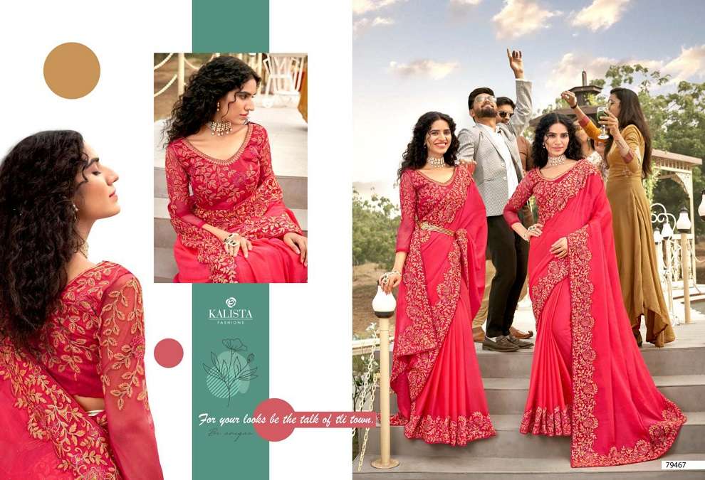 HARLEEN GOLD VOL-2 BY KALISTA FASHION 79460 TO 79467 SERIES INDIAN TRADITIONAL WEAR COLLECTION BEAUTIFUL STYLISH FANCY COLORFUL PARTY WEAR & OCCASIONAL WEAR CHIFFON SAREES AT WHOLESALE PRICE