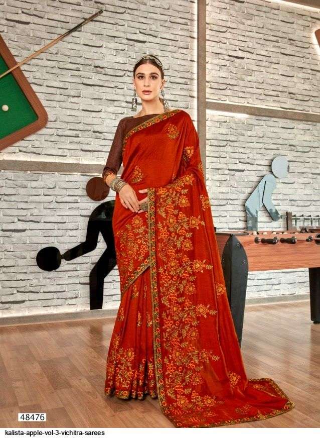 APPLE VOL-3 BY KALISTA FASHION 48475 TO 48482 SERIES INDIAN TRADITIONAL WEAR COLLECTION BEAUTIFUL STYLISH FANCY COLORFUL PARTY WEAR & OCCASIONAL WEAR VICHITRA SAREES AT WHOLESALE PRICE