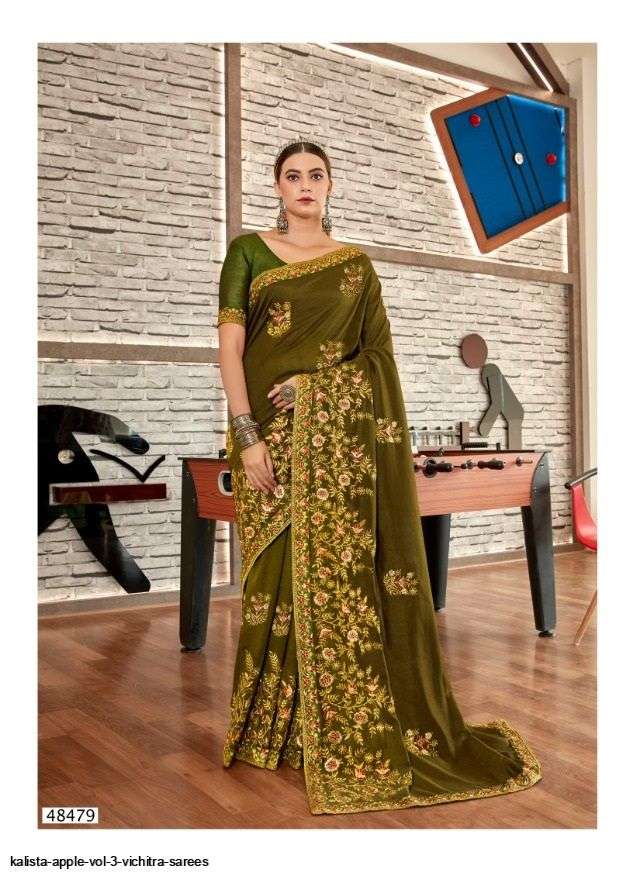 APPLE VOL-3 BY KALISTA FASHION 48475 TO 48482 SERIES INDIAN TRADITIONAL WEAR COLLECTION BEAUTIFUL STYLISH FANCY COLORFUL PARTY WEAR & OCCASIONAL WEAR VICHITRA SAREES AT WHOLESALE PRICE