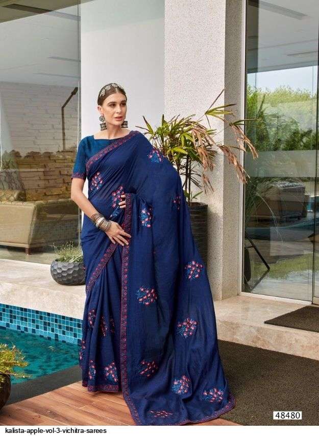 APPLE VOL-3 BY KALISTA FASHION 48475 TO 48482 SERIES INDIAN TRADITIONAL WEAR COLLECTION BEAUTIFUL STYLISH FANCY COLORFUL PARTY WEAR & OCCASIONAL WEAR VICHITRA SAREES AT WHOLESALE PRICE
