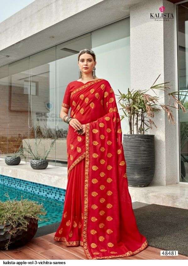 APPLE VOL-3 BY KALISTA FASHION 48475 TO 48482 SERIES INDIAN TRADITIONAL WEAR COLLECTION BEAUTIFUL STYLISH FANCY COLORFUL PARTY WEAR & OCCASIONAL WEAR VICHITRA SAREES AT WHOLESALE PRICE