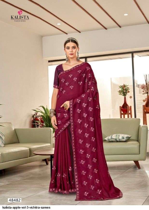 APPLE VOL-3 BY KALISTA FASHION 48475 TO 48482 SERIES INDIAN TRADITIONAL WEAR COLLECTION BEAUTIFUL STYLISH FANCY COLORFUL PARTY WEAR & OCCASIONAL WEAR VICHITRA SAREES AT WHOLESALE PRICE