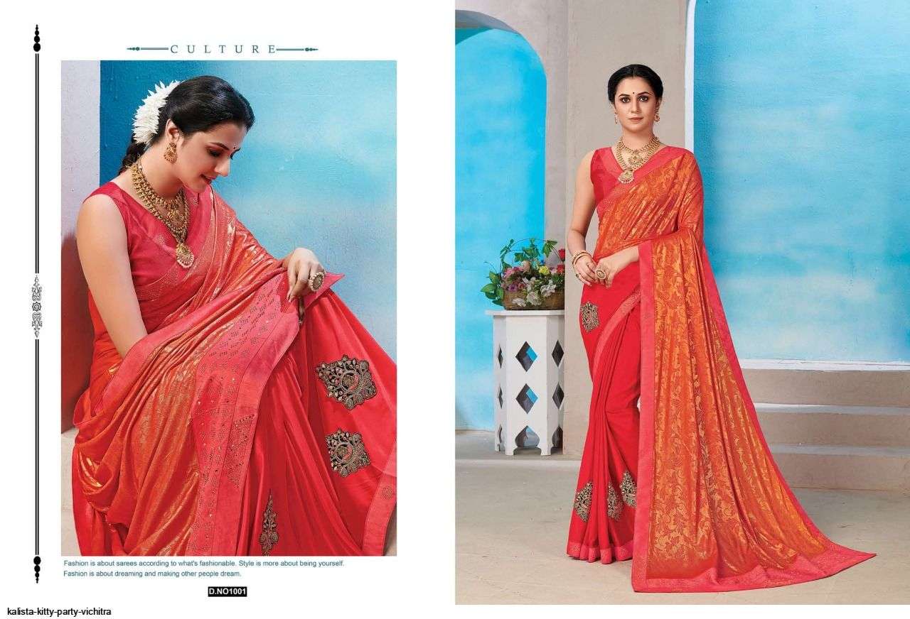 KITTY PARTY BY KALISTA FASHION 1001 TO 1006 SERIES INDIAN TRADITIONAL WEAR COLLECTION BEAUTIFUL STYLISH FANCY COLORFUL PARTY WEAR & OCCASIONAL WEAR FANCY SAREES AT WHOLESALE PRICE