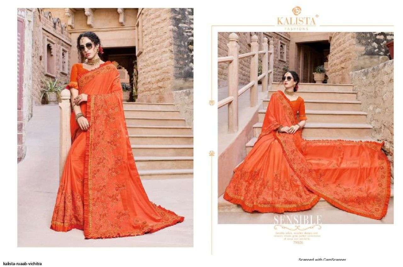 RUAAB VOL-4 BY KALISTA FASHION 79025 TO 79032 SERIES INDIAN TRADITIONAL WEAR COLLECTION BEAUTIFUL STYLISH FANCY COLORFUL PARTY WEAR & OCCASIONAL WEAR VICHITRA SAREES AT WHOLESALE PRICE