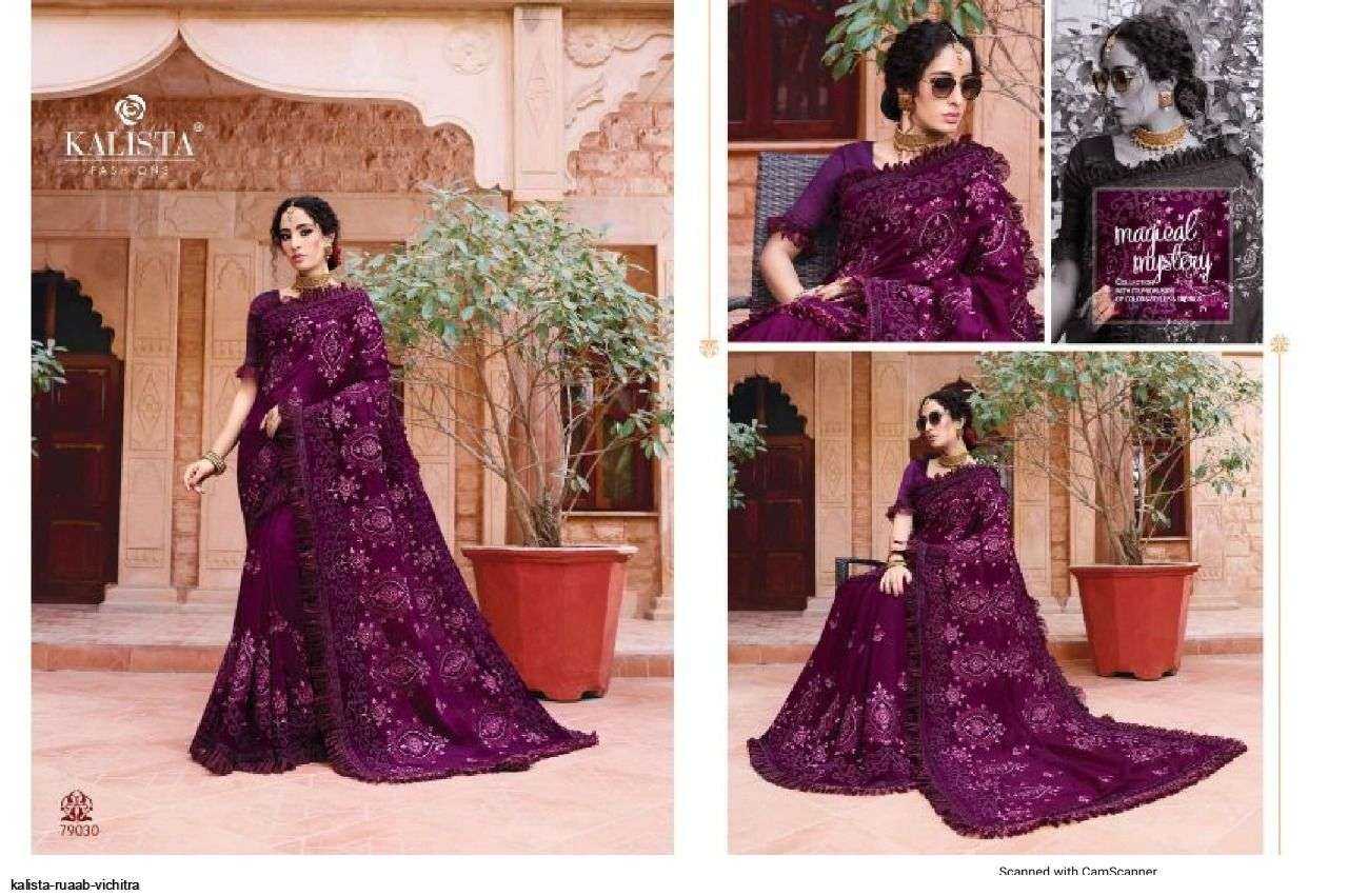 RUAAB VOL-4 BY KALISTA FASHION 79025 TO 79032 SERIES INDIAN TRADITIONAL WEAR COLLECTION BEAUTIFUL STYLISH FANCY COLORFUL PARTY WEAR & OCCASIONAL WEAR VICHITRA SAREES AT WHOLESALE PRICE