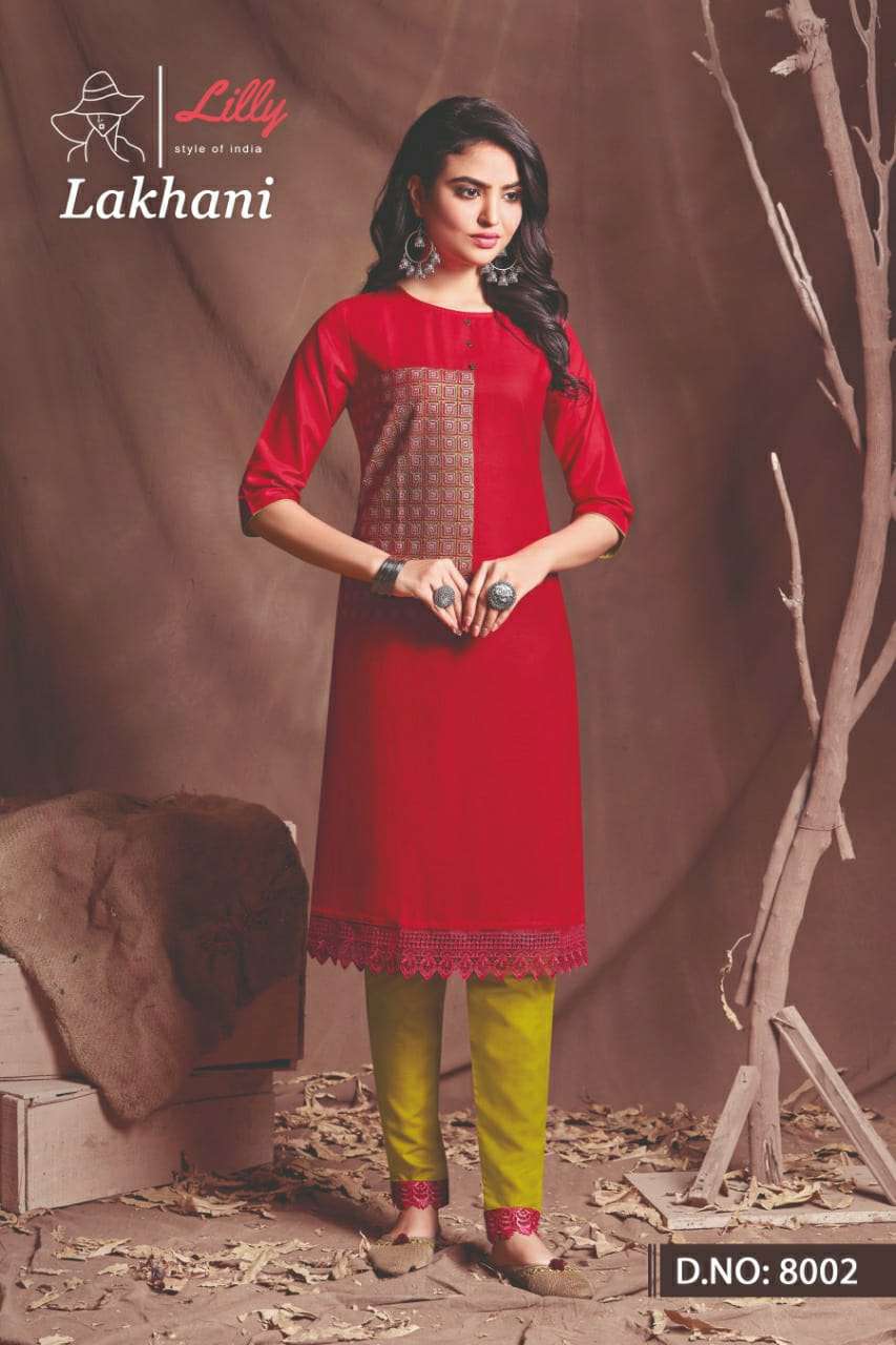 LAKHANI BY LILLY 8001 TO 8006 SERIES DESIGNER STYLISH FANCY COLORFUL BEAUTIFUL PARTY WEAR & ETHNIC WEAR COLLECTION COTTON EMBROIDERED KURTIS WITH BOTTOM AT WHOLESALE PRICE