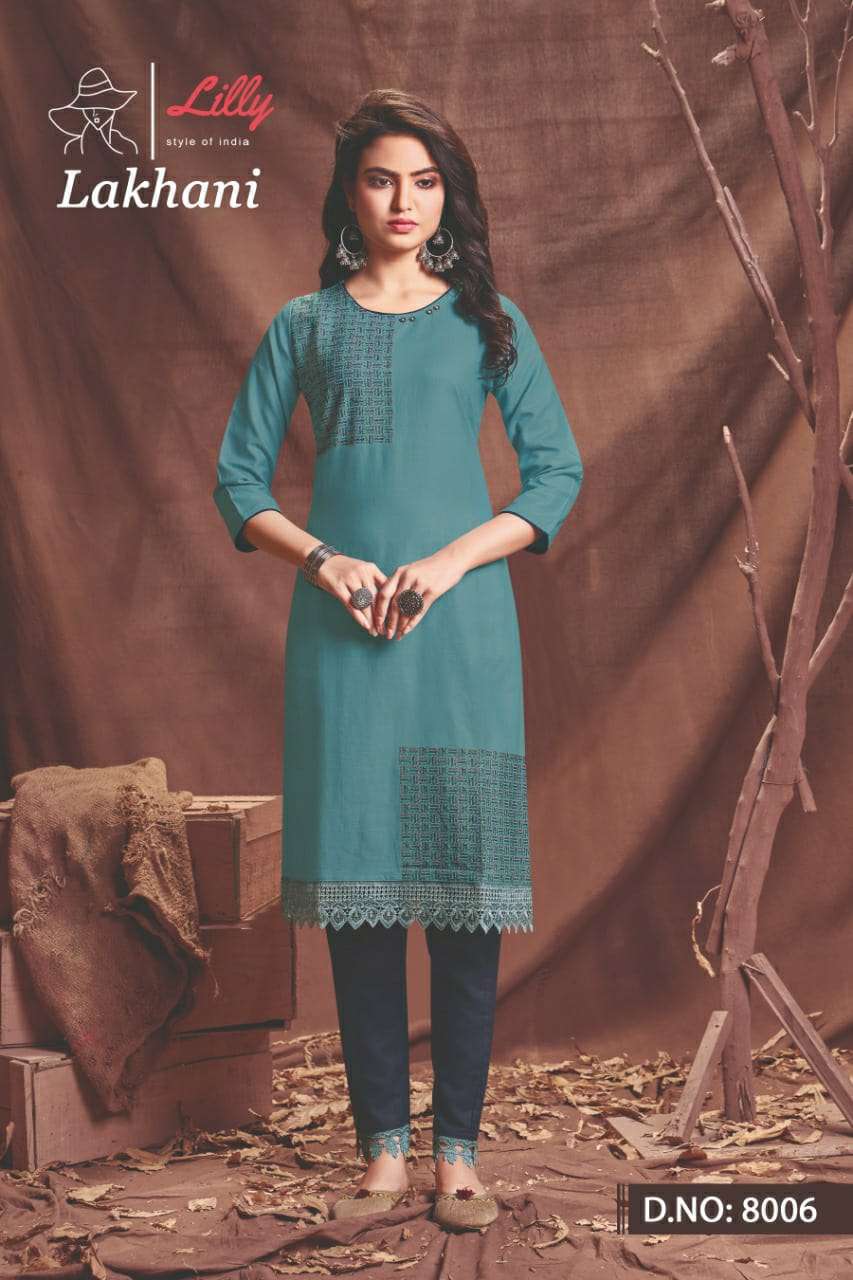 LAKHANI BY LILLY 8001 TO 8006 SERIES DESIGNER STYLISH FANCY COLORFUL BEAUTIFUL PARTY WEAR & ETHNIC WEAR COLLECTION COTTON EMBROIDERED KURTIS WITH BOTTOM AT WHOLESALE PRICE