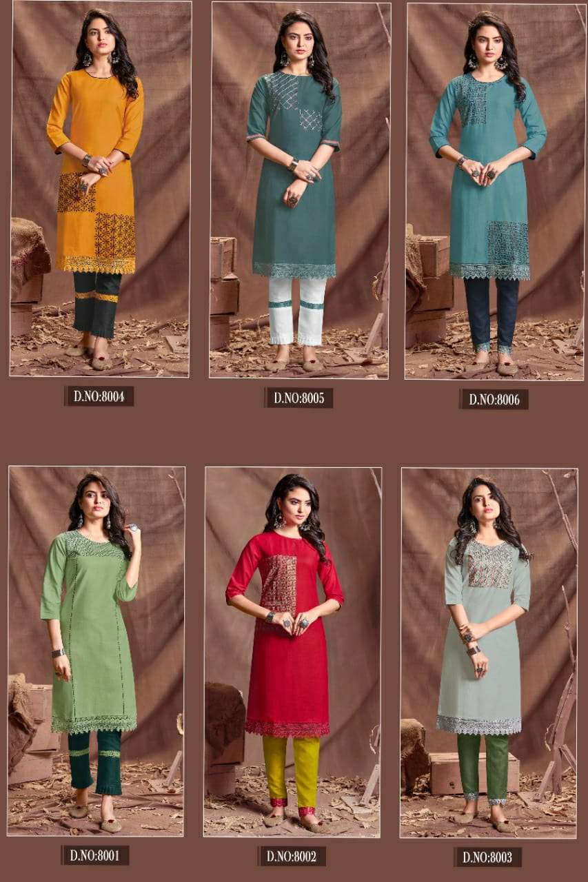 LAKHANI BY LILLY 8001 TO 8006 SERIES DESIGNER STYLISH FANCY COLORFUL BEAUTIFUL PARTY WEAR & ETHNIC WEAR COLLECTION COTTON EMBROIDERED KURTIS WITH BOTTOM AT WHOLESALE PRICE