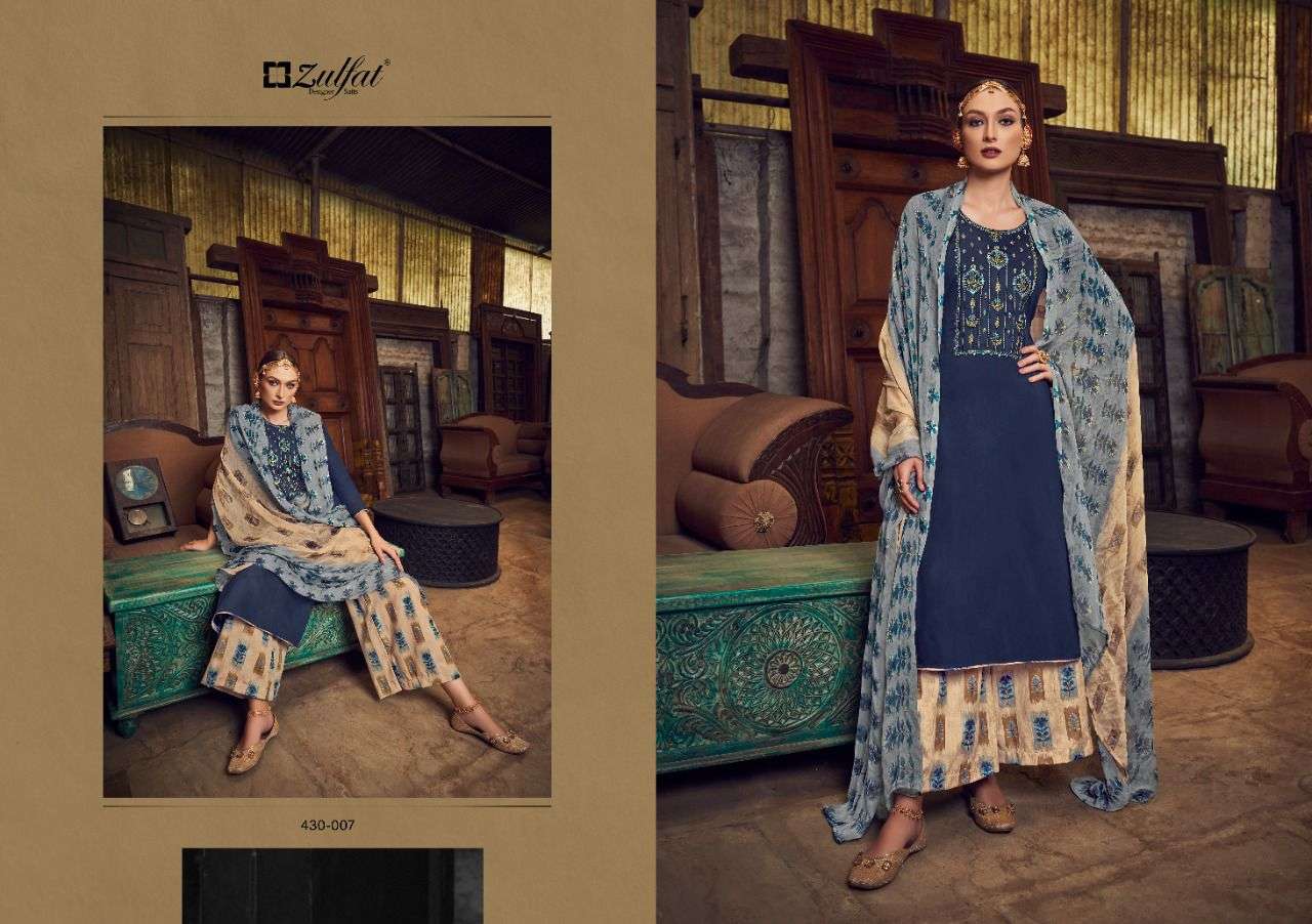 MANOHARI BY ZULFAT 430-001 TO 430-010 SERIES BEAUTIFUL SUITS COLORFUL STYLISH FANCY CASUAL WEAR & ETHNIC WEAR PURE JAM COTTON EMBROIDERED DRESSES AT WHOLESALE PRICE