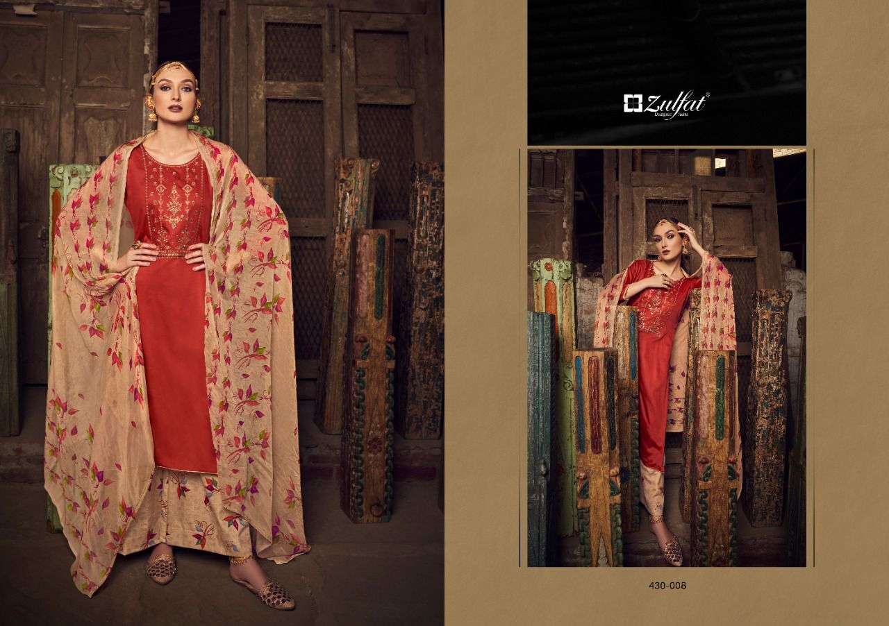 MANOHARI BY ZULFAT 430-001 TO 430-010 SERIES BEAUTIFUL SUITS COLORFUL STYLISH FANCY CASUAL WEAR & ETHNIC WEAR PURE JAM COTTON EMBROIDERED DRESSES AT WHOLESALE PRICE