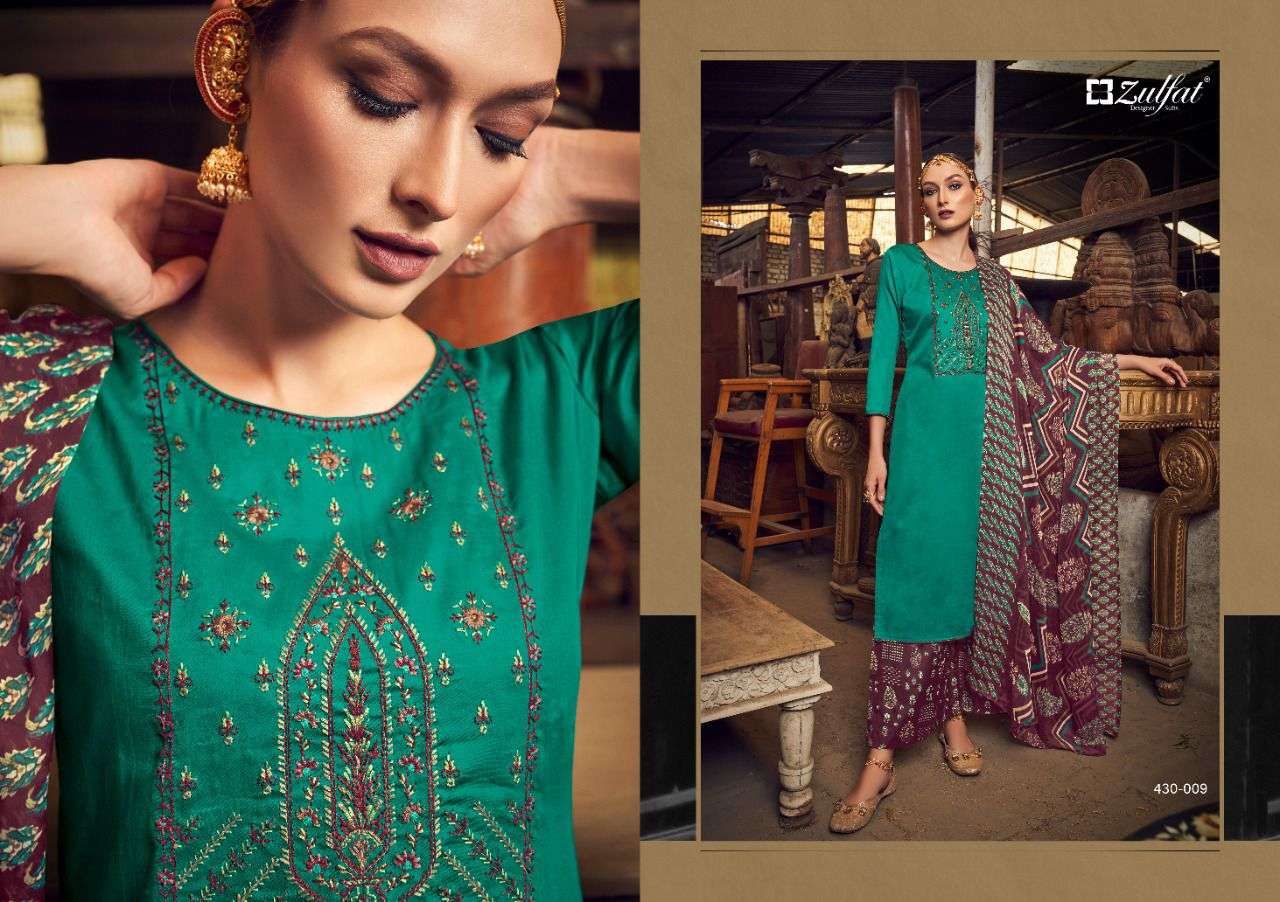 MANOHARI BY ZULFAT 430-001 TO 430-010 SERIES BEAUTIFUL SUITS COLORFUL STYLISH FANCY CASUAL WEAR & ETHNIC WEAR PURE JAM COTTON EMBROIDERED DRESSES AT WHOLESALE PRICE