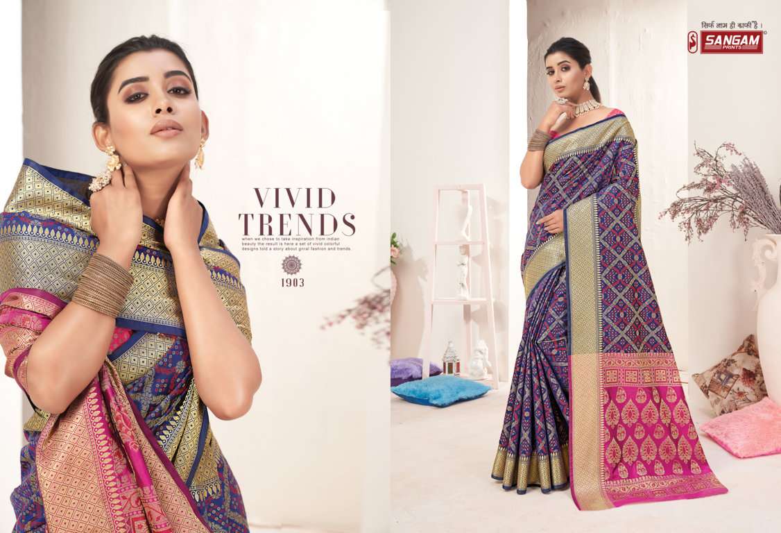 IKKAT PATOLA BY SANGAM PRINTS 1903 TO 1910 SERIES INDIAN TRADITIONAL WEAR COLLECTION BEAUTIFUL STYLISH FANCY COLORFUL PARTY WEAR & OCCASIONAL WEAR PATOLA SILK SAREES AT WHOLESALE PRICE