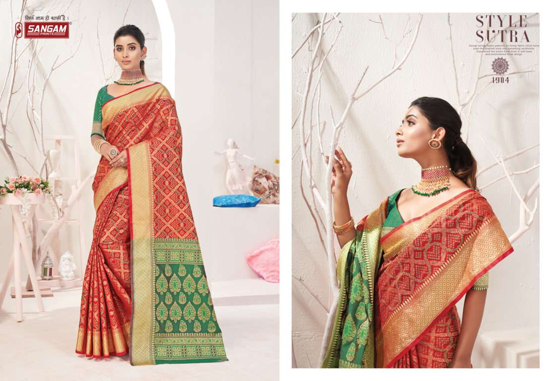 IKKAT PATOLA BY SANGAM PRINTS 1903 TO 1910 SERIES INDIAN TRADITIONAL WEAR COLLECTION BEAUTIFUL STYLISH FANCY COLORFUL PARTY WEAR & OCCASIONAL WEAR PATOLA SILK SAREES AT WHOLESALE PRICE