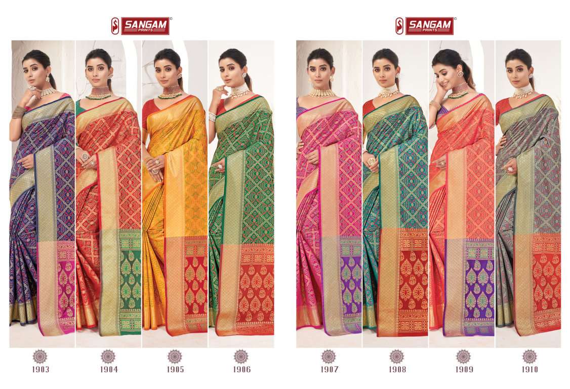 IKKAT PATOLA BY SANGAM PRINTS 1903 TO 1910 SERIES INDIAN TRADITIONAL WEAR COLLECTION BEAUTIFUL STYLISH FANCY COLORFUL PARTY WEAR & OCCASIONAL WEAR PATOLA SILK SAREES AT WHOLESALE PRICE