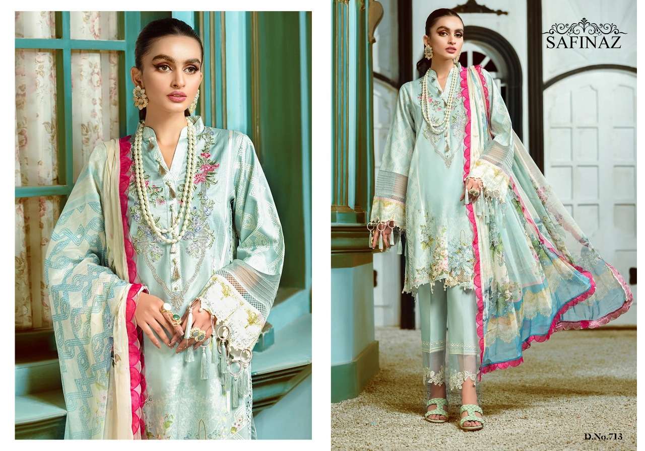 FIRDOUS VOL-7 BY SAFINAZ 713 TO 716 SERIES BEAUTIFUL PAKISTANI SUITS STYLISH FANCY COLORFUL PARTY WEAR & OCCASIONAL WEAR PURE COTTON WITH EMBROIDERY DRESSES AT WHOLESALE PRICE