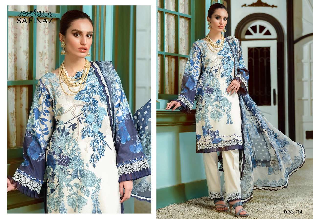 FIRDOUS VOL-7 BY SAFINAZ 713 TO 716 SERIES BEAUTIFUL PAKISTANI SUITS STYLISH FANCY COLORFUL PARTY WEAR & OCCASIONAL WEAR PURE COTTON WITH EMBROIDERY DRESSES AT WHOLESALE PRICE