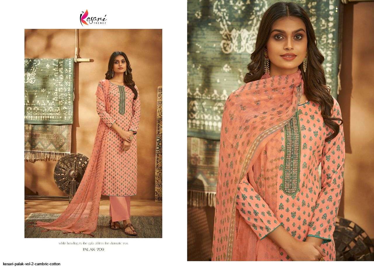 PALAK VOL-2 BY KESARI TRENDZ 709 TO 716 SERIES BEAUTIFUL SUITS COLORFUL STYLISH FANCY CASUAL WEAR & ETHNIC WEAR PURE CAMBRIC COTTON EMBROIDERED DRESSES AT WHOLESALE PRICE