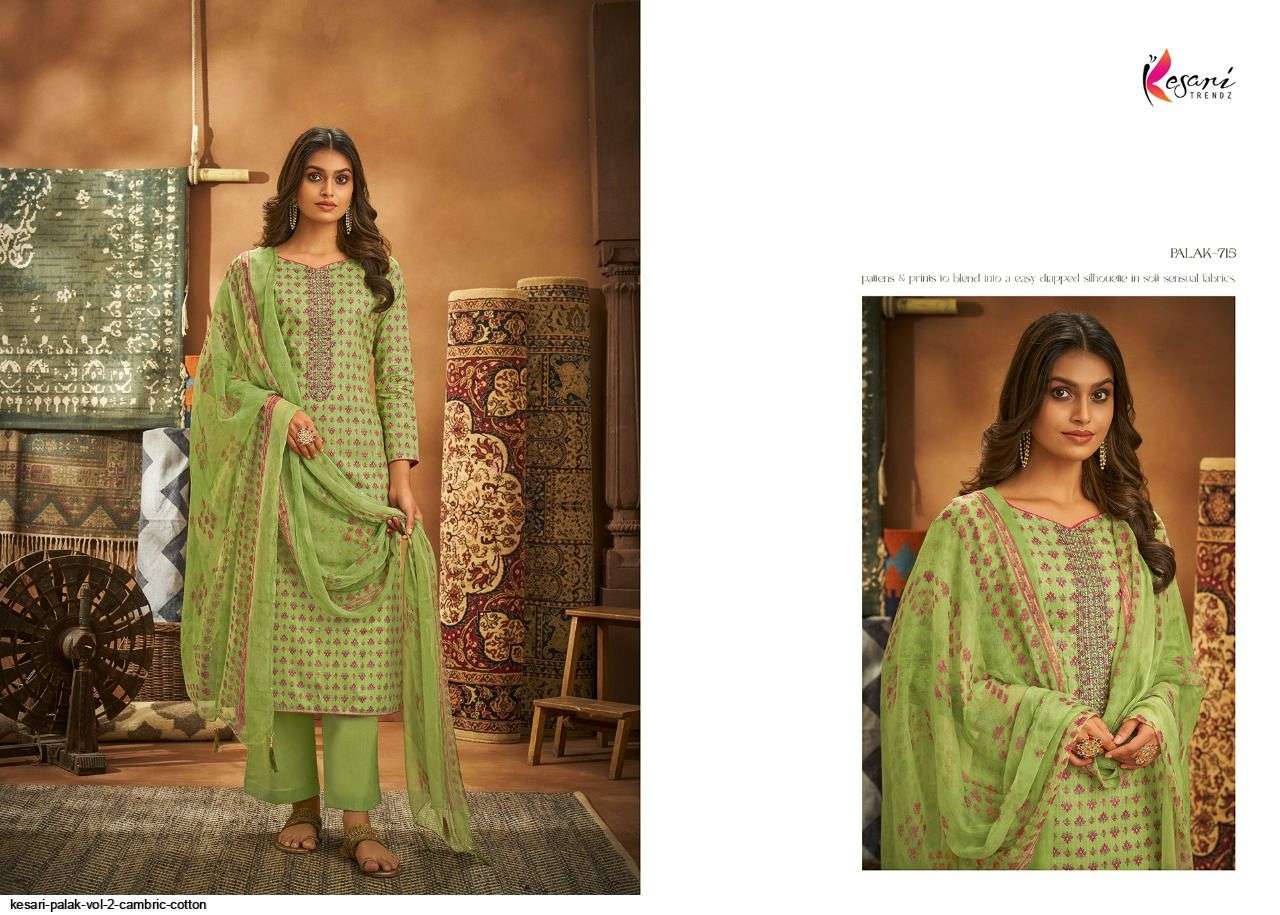 PALAK VOL-2 BY KESARI TRENDZ 709 TO 716 SERIES BEAUTIFUL SUITS COLORFUL STYLISH FANCY CASUAL WEAR & ETHNIC WEAR PURE CAMBRIC COTTON EMBROIDERED DRESSES AT WHOLESALE PRICE