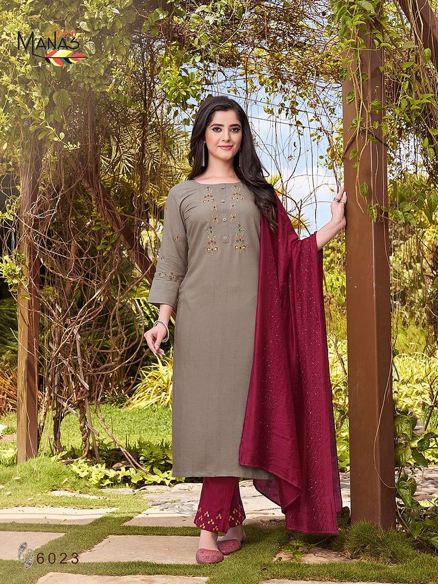 ARINA VOL-4 BY MANAS FAB 6019 TO 6024 SERIES DESIGNER SUITS BEAUTIFUL STYLISH FANCY COLORFUL PARTY WEAR & OCCASIONAL WEAR RAYON EMBROIDERED DRESSES AT WHOLESALE PRICE