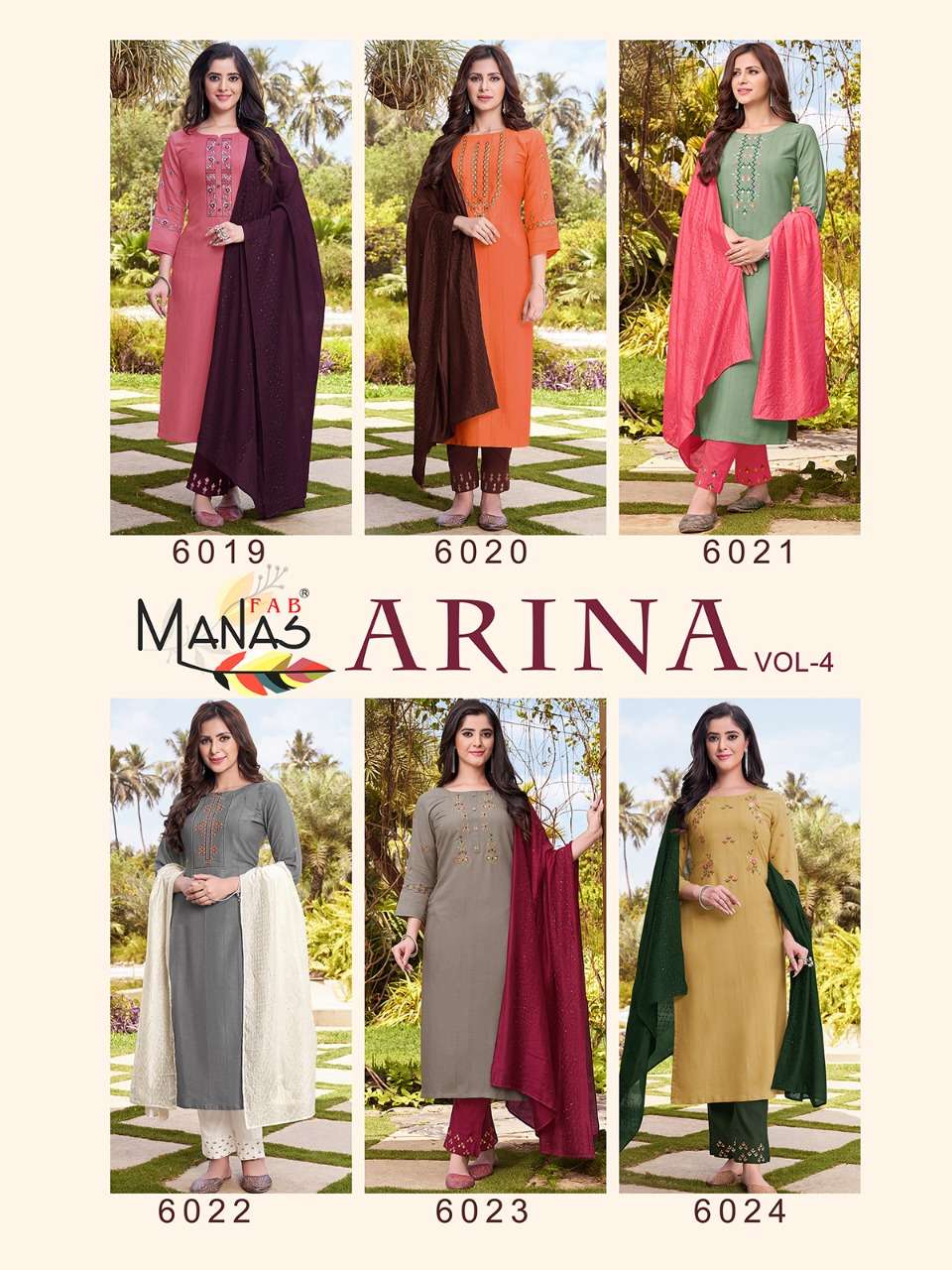 ARINA VOL-4 BY MANAS FAB 6019 TO 6024 SERIES DESIGNER SUITS BEAUTIFUL STYLISH FANCY COLORFUL PARTY WEAR & OCCASIONAL WEAR RAYON EMBROIDERED DRESSES AT WHOLESALE PRICE