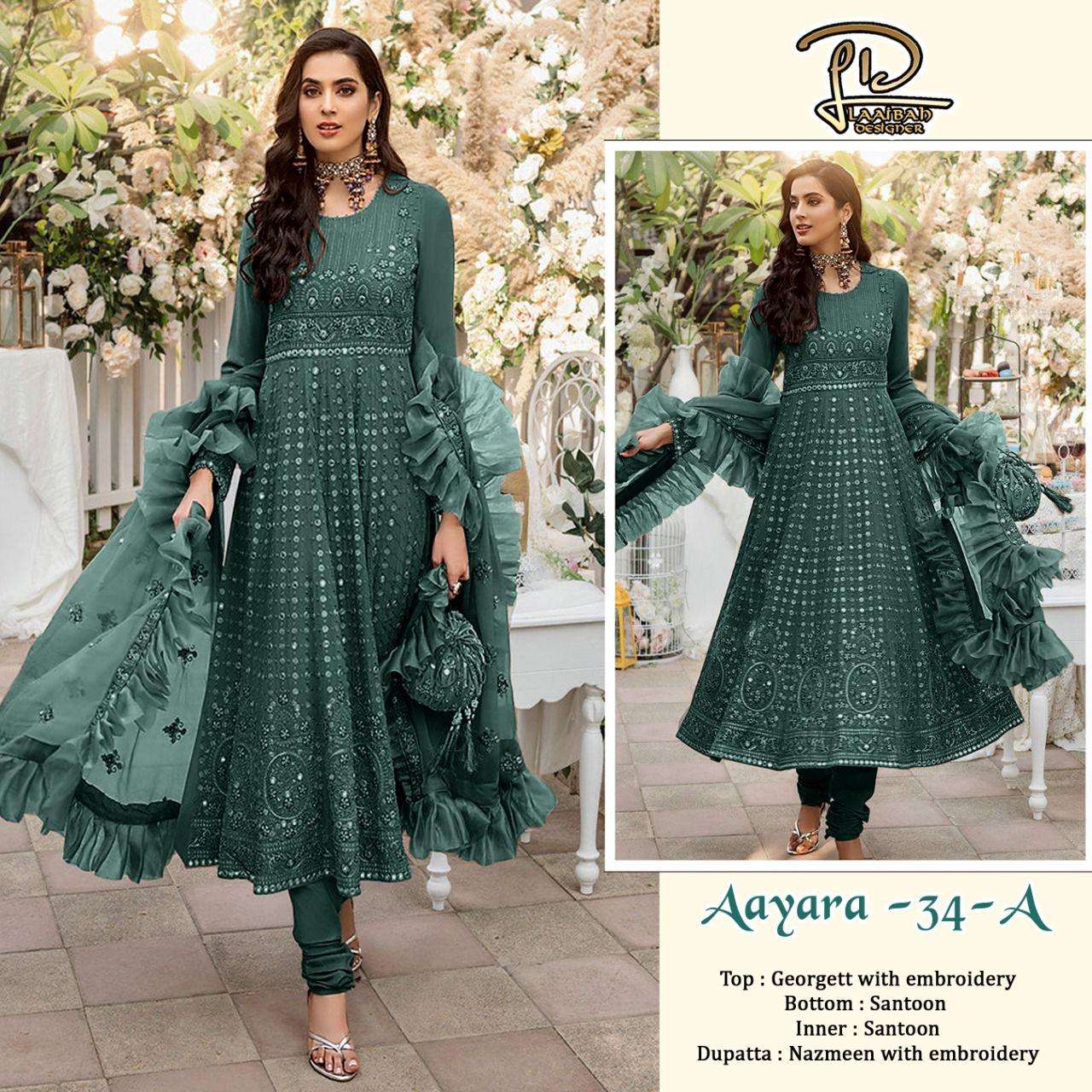 AAYARA 34 COLOURS BY LAAIBAH DESIGNER 34-A TO 34-D SERIES BEAUTIFUL STYLISH PAKISATNI SUITS FANCY COLORFUL CASUAL WEAR & ETHNIC WEAR & READY TO WEAR FAUX GEORGETTE WITH EMBROIDERY DRESSES AT WHOLESALE PRICE