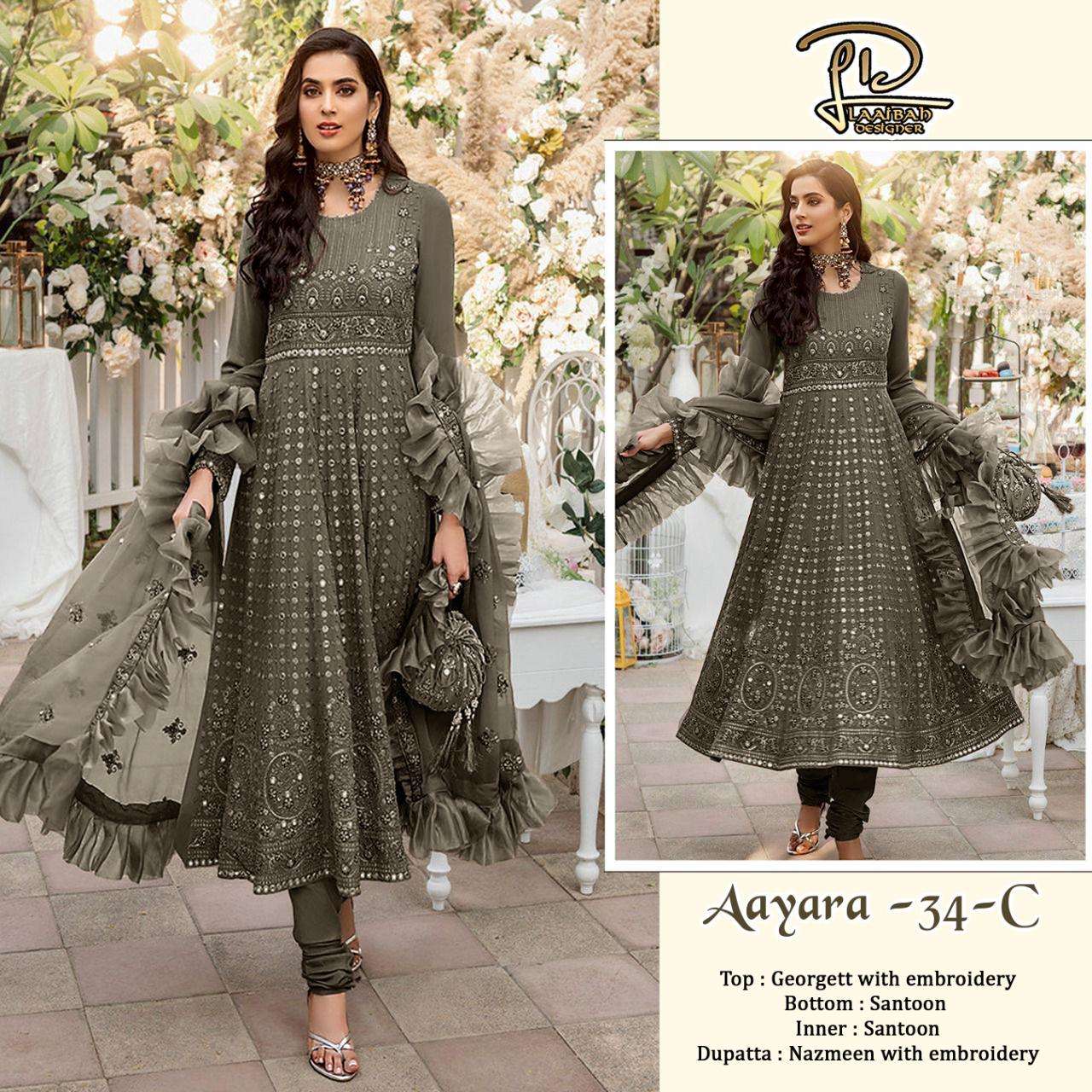 AAYARA 34 COLOURS BY LAAIBAH DESIGNER 34-A TO 34-D SERIES BEAUTIFUL STYLISH PAKISATNI SUITS FANCY COLORFUL CASUAL WEAR & ETHNIC WEAR & READY TO WEAR FAUX GEORGETTE WITH EMBROIDERY DRESSES AT WHOLESALE PRICE